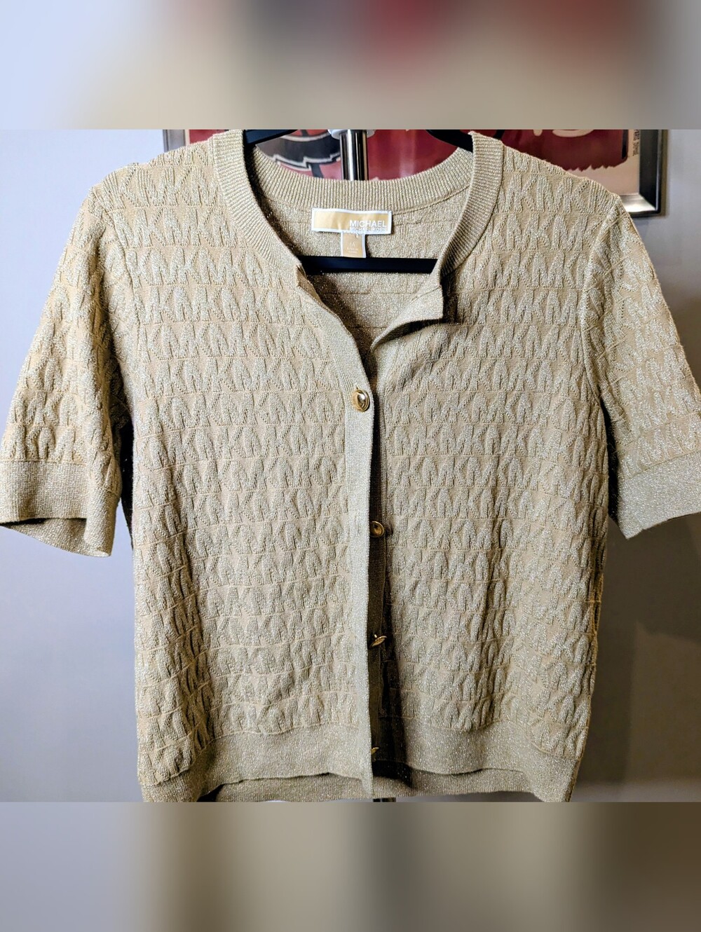 $33 Michael Kors Size M - Metallic Gold Logo Short Sleeve Cardigan EUC